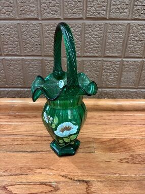 Fenton Emerald Green Hand-Painted Glass Basket*
